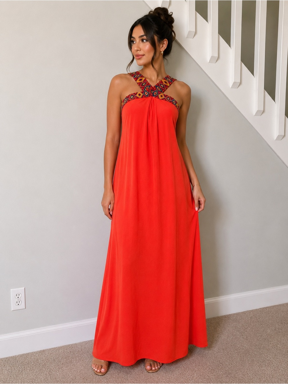 NY & Co Sleeveless orange Maxi Dress with Embroidered Crisscross Neckline